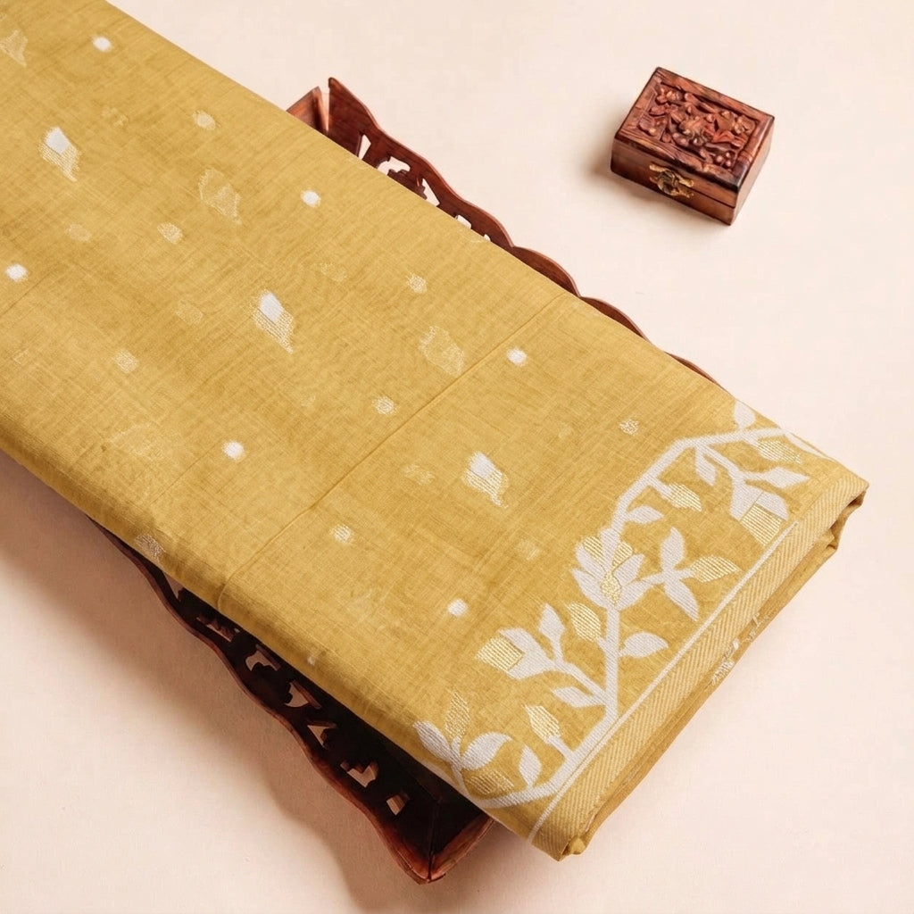 Folded Mustard Yellow Zari Chanderi Fabric Highlighting Texture