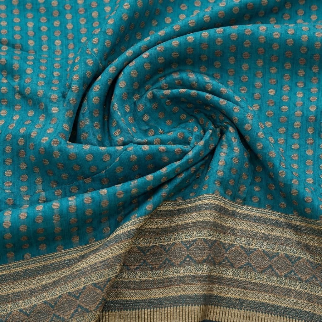 Swirled Green Butta Chanderi Fabric Showing Border and Drape
