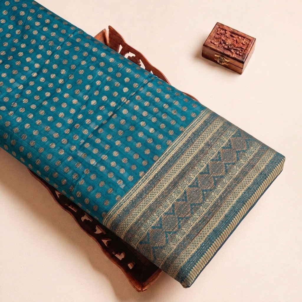 Folded Green Butta Chanderi Fabric Highlighting Border and Texture
