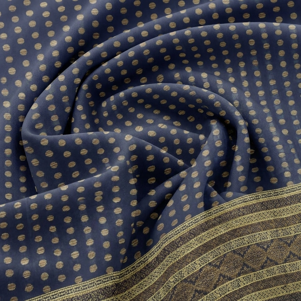 Swirled Blue Butta Chanderi Fabric Showing Border and Drape