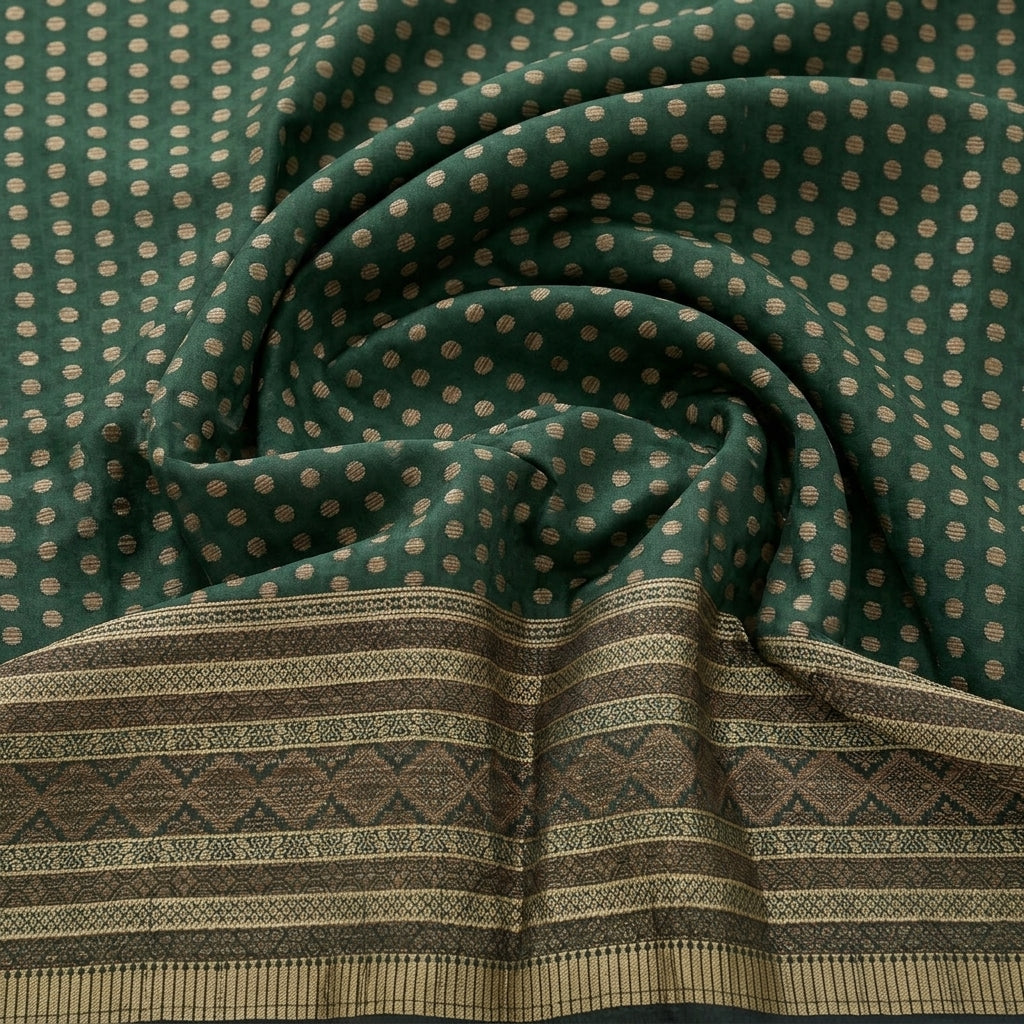 Swirled Green Butta Chanderi Fabric Showing Border and Drape