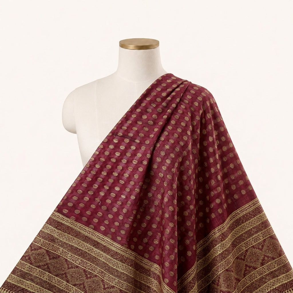 Maroon Butta Chanderi Fabric Draped as a saree