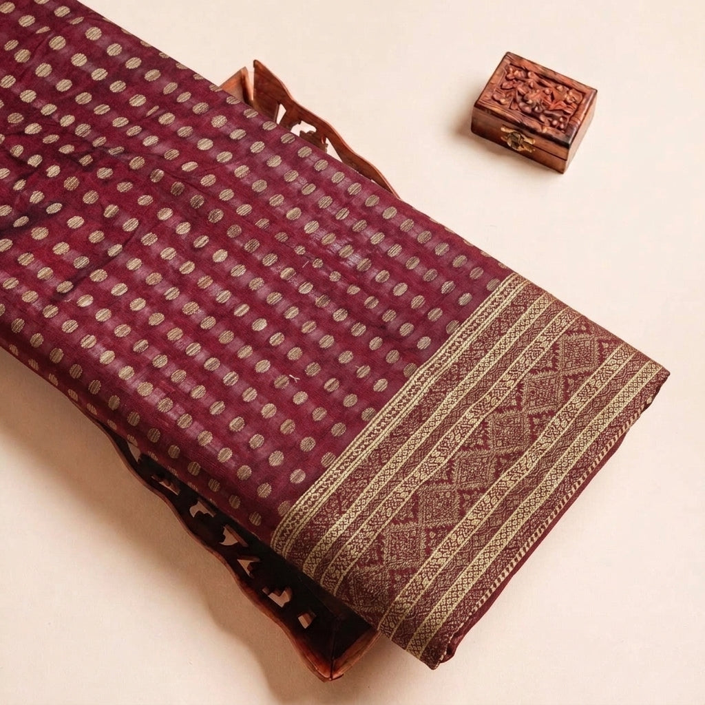 Maroon Butta Chanderi Fabric, folded