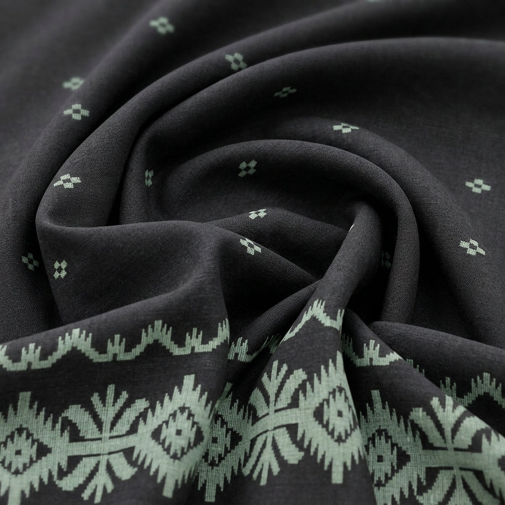 Swirled Black Ikat Cotton Fabric Showing Border and Drape