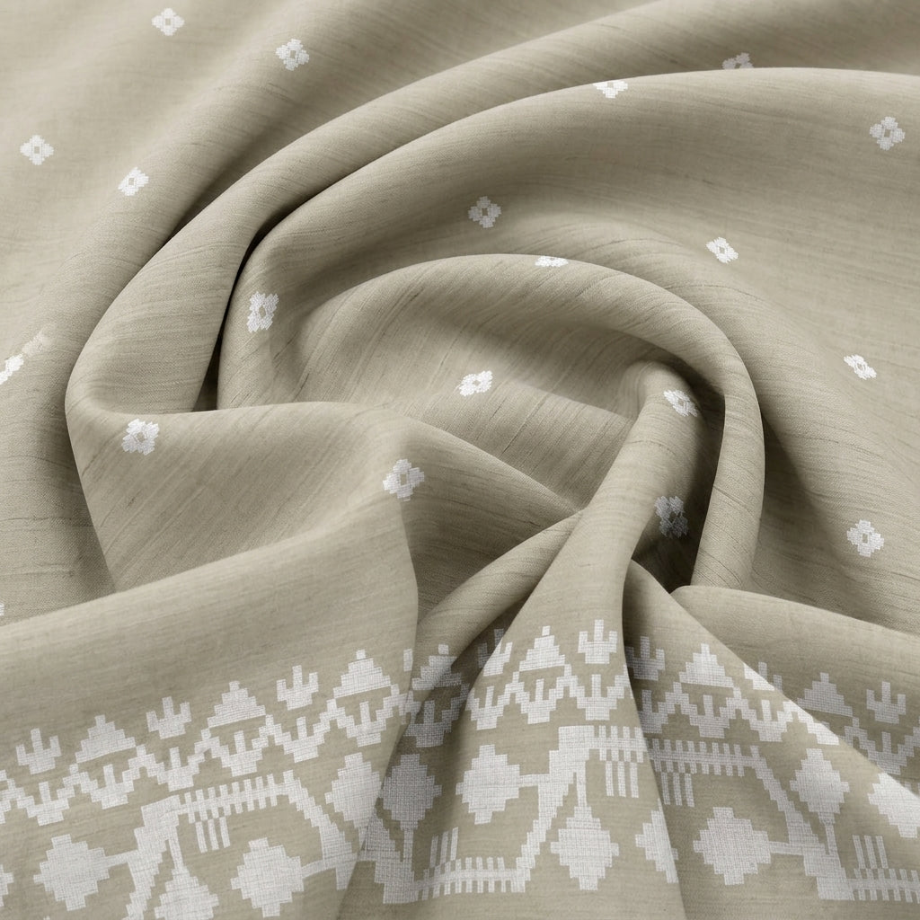 Swirled Beige Ikat Cotton Fabric Showing Border and Drape