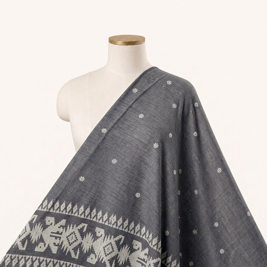 Grey Ikat Cotton Fabric Draped as a saree