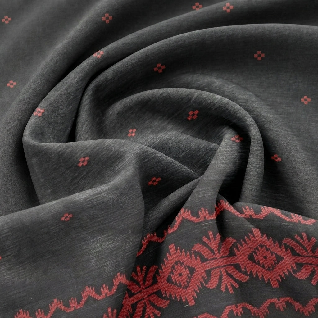 Swirled Black Ikat Cotton Fabric Showing Border and Drape