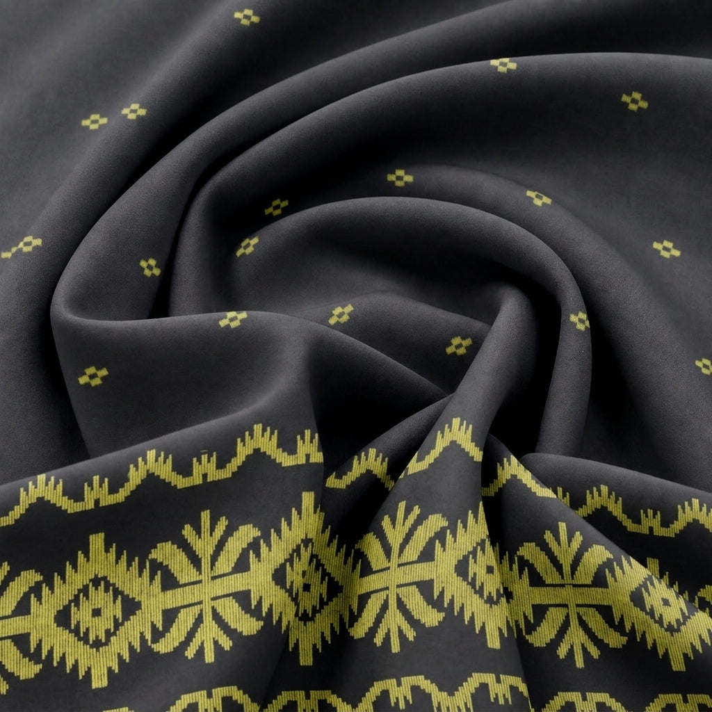 Swirled Black Ikat Cotton Fabric Showing Border and Drape