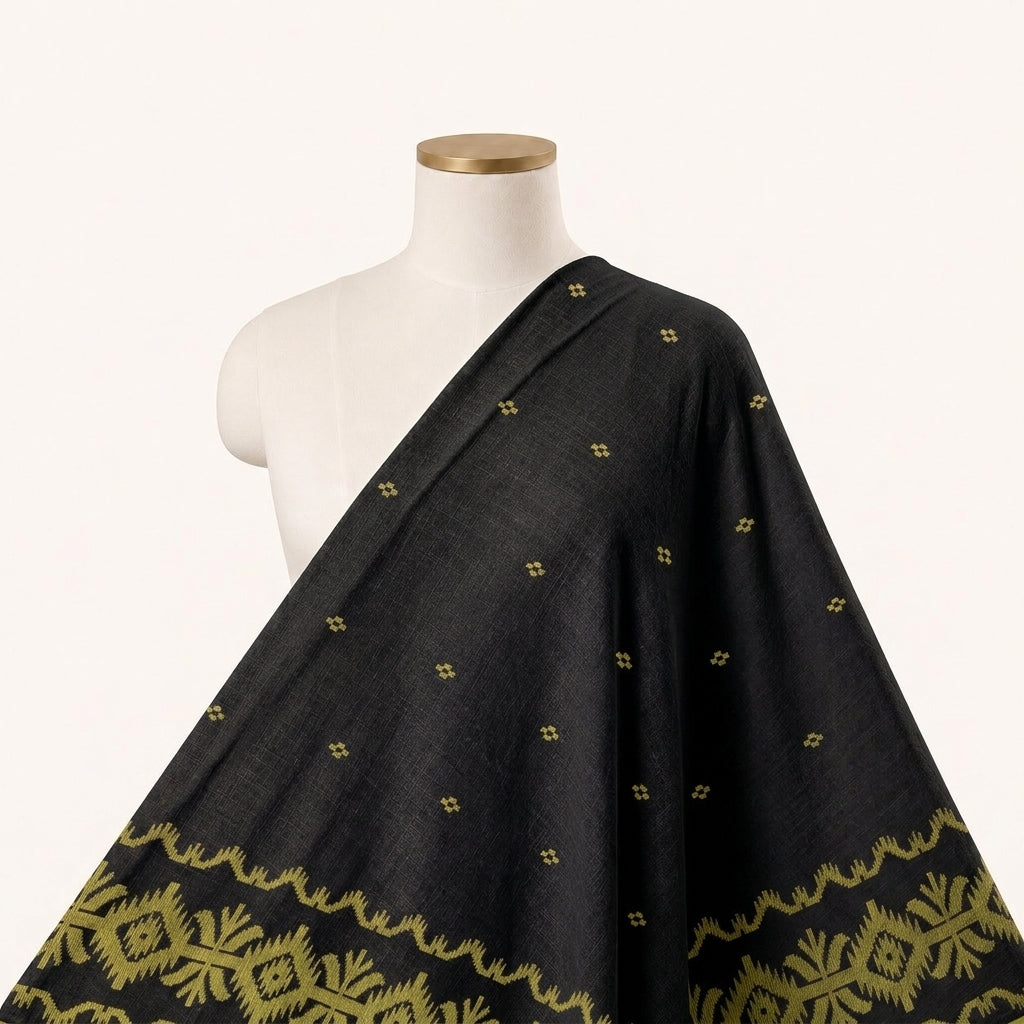 Black Ikat Cotton Fabric Draped as a saree