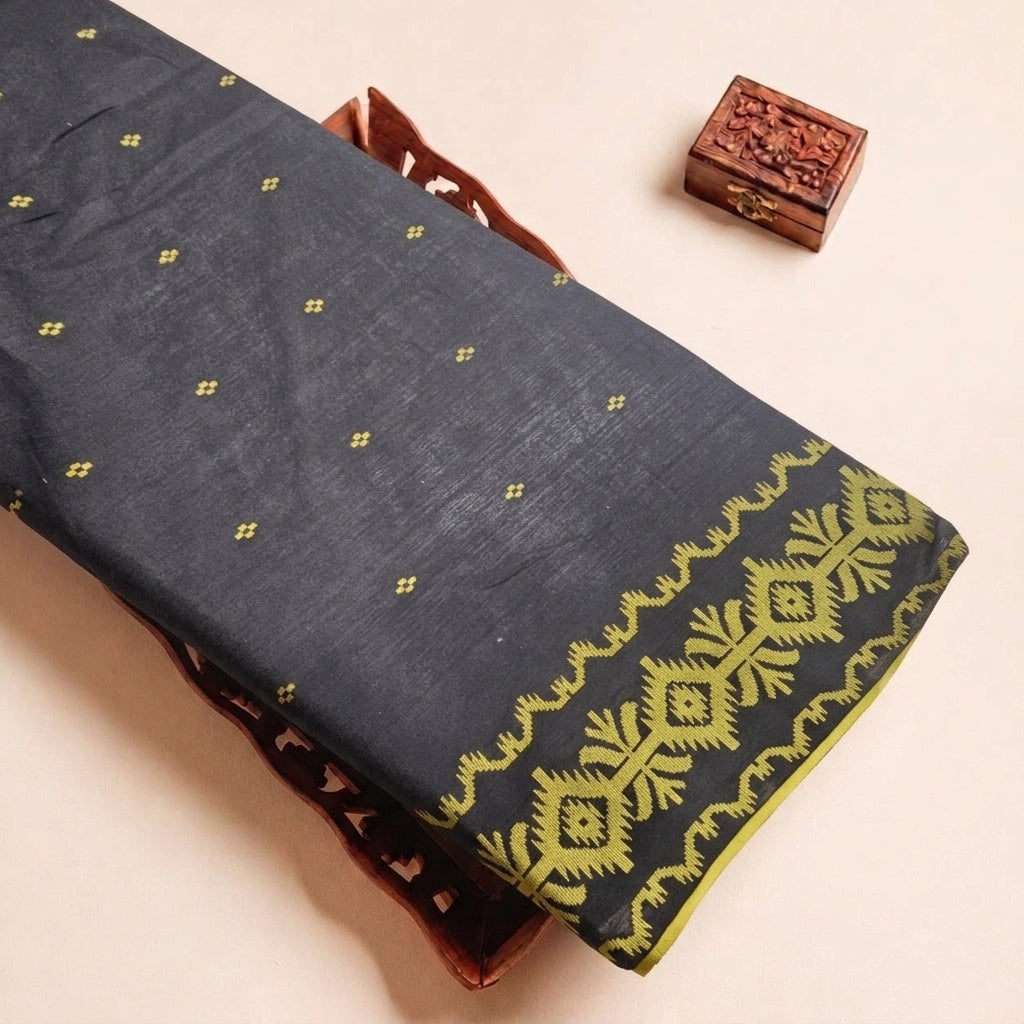 Folded Black Ikat Cotton Fabric Highlighting Border and Texture