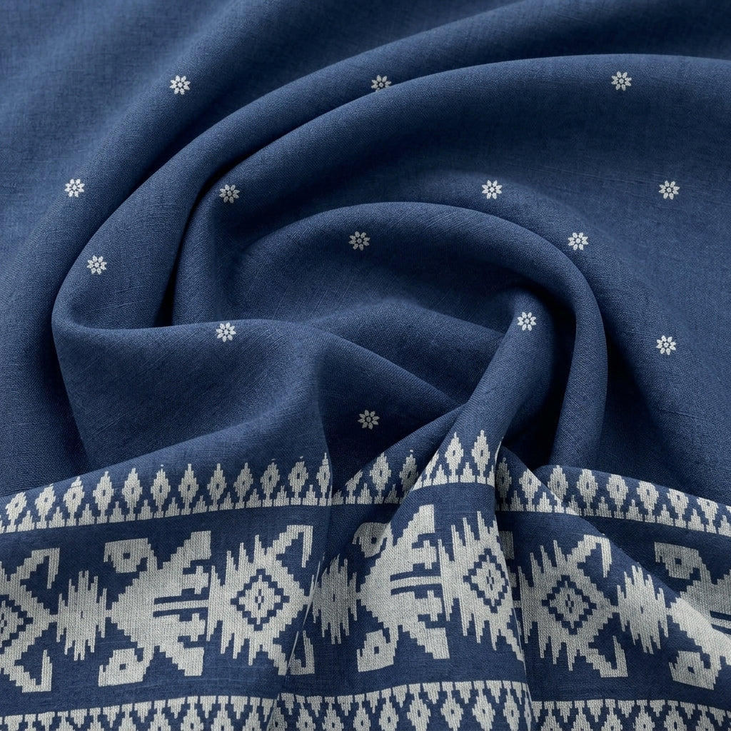 Blue Ikat Cotton Fabric, swirled to show the drape