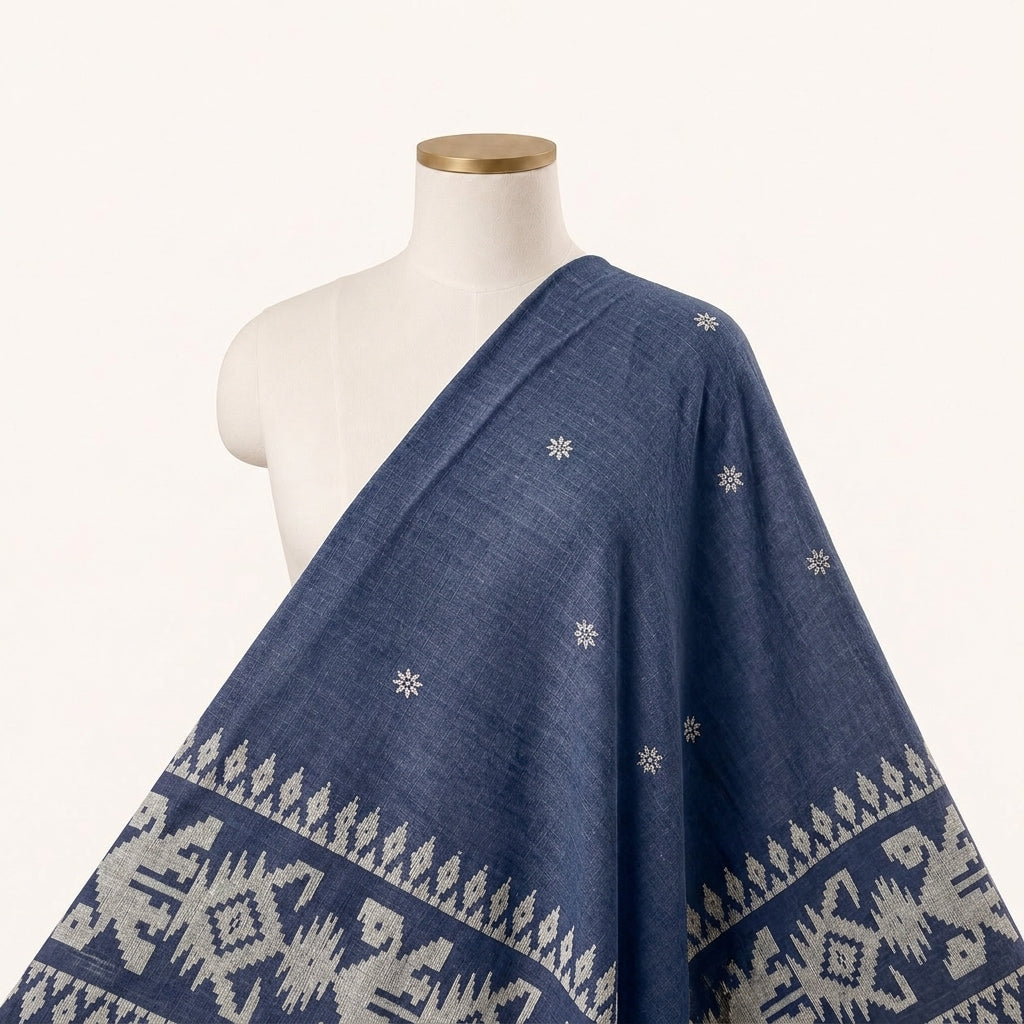 Blue Ikat Cotton Fabric Draped as a saree