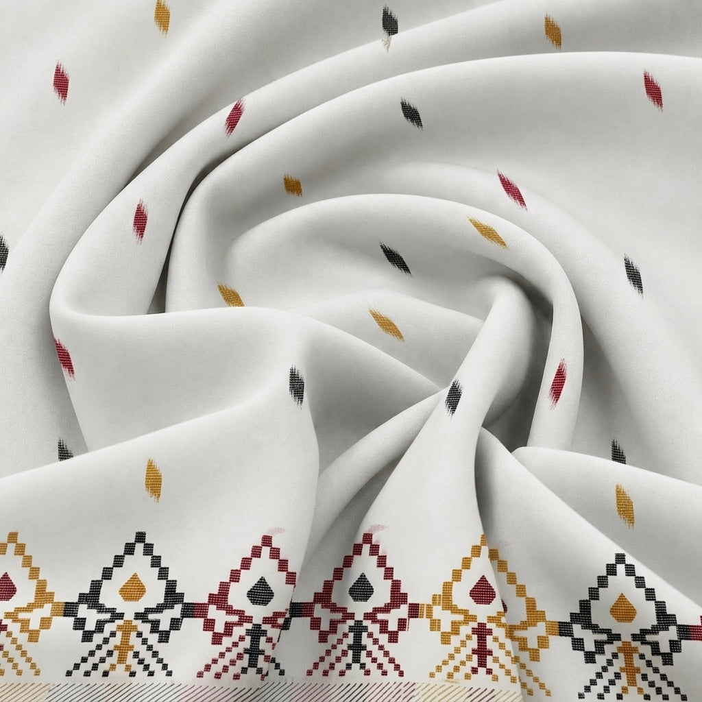 Swirled White Ikat Cotton Fabric Showing Border and Drape