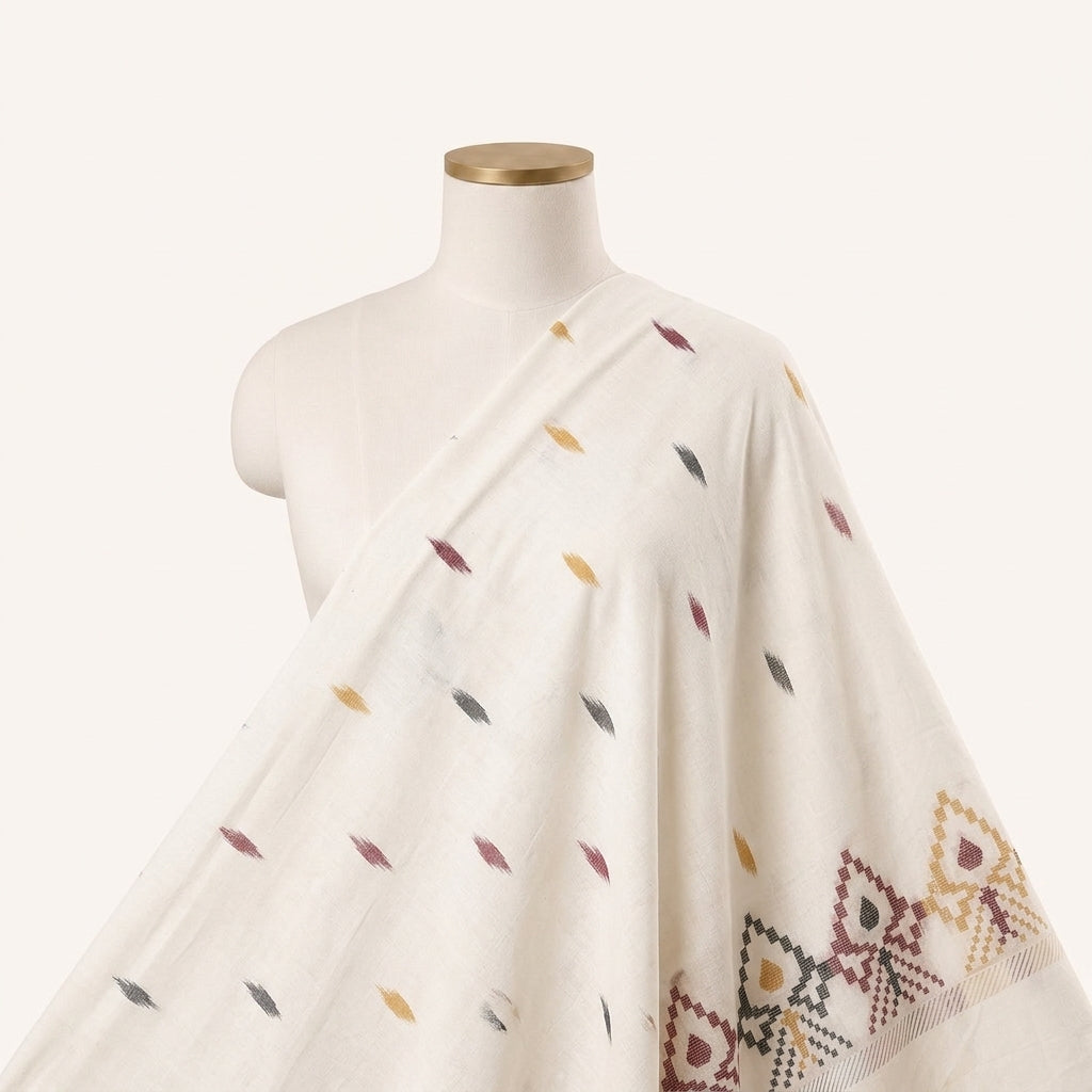 White Ikat Cotton Fabric Draped as a saree