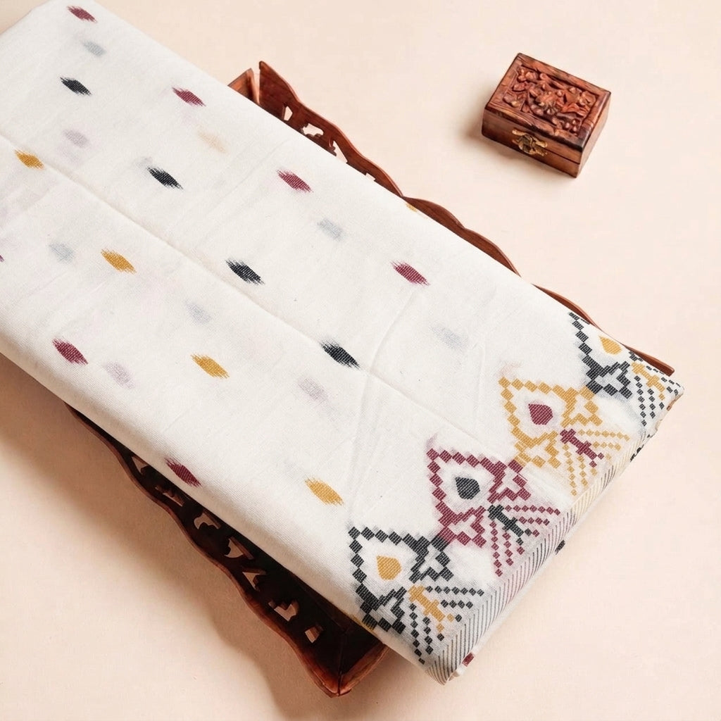 Folded White Ikat Cotton Fabric Highlighting Border and Texture