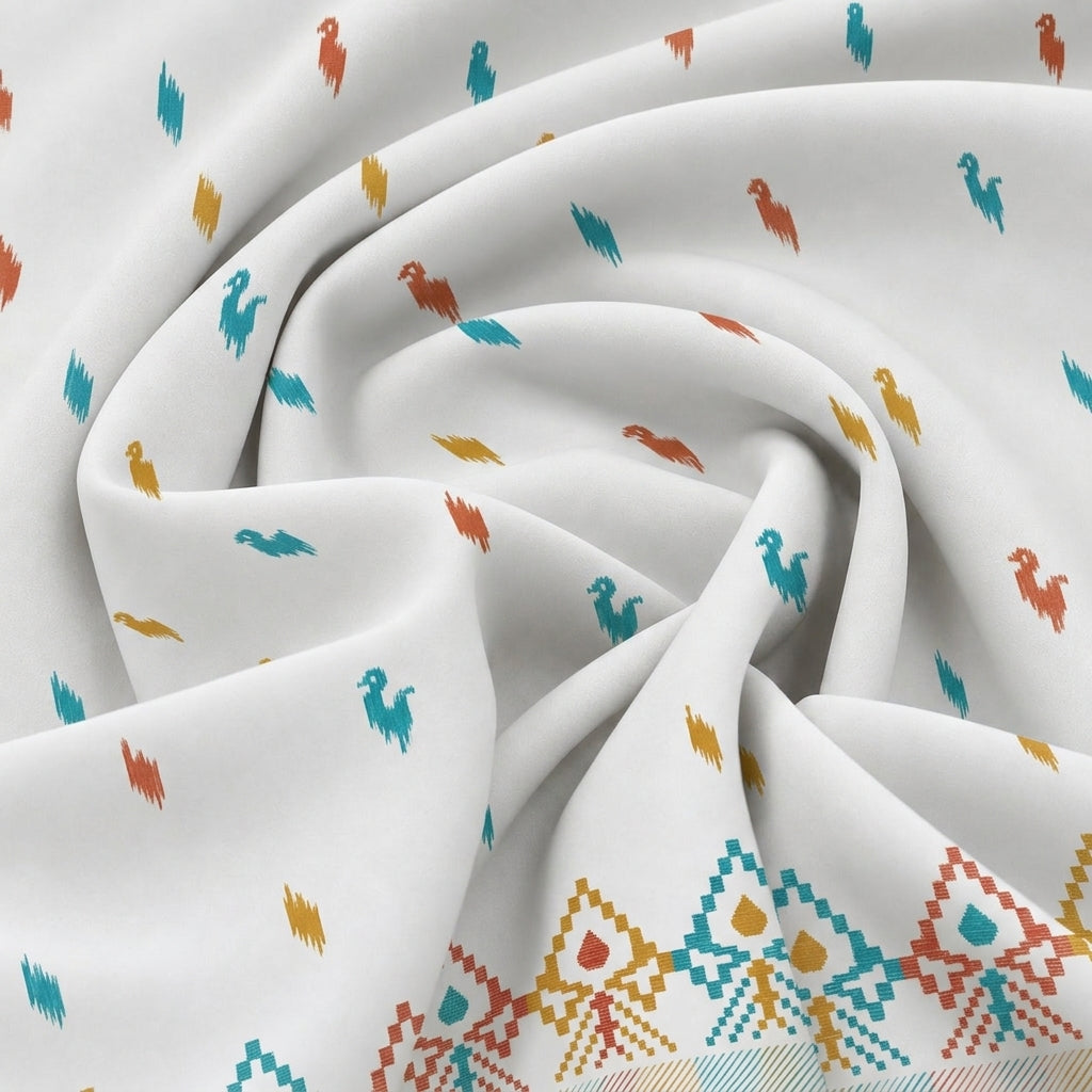 Swirled White Ikat Cotton Fabric Showing Border and Drape