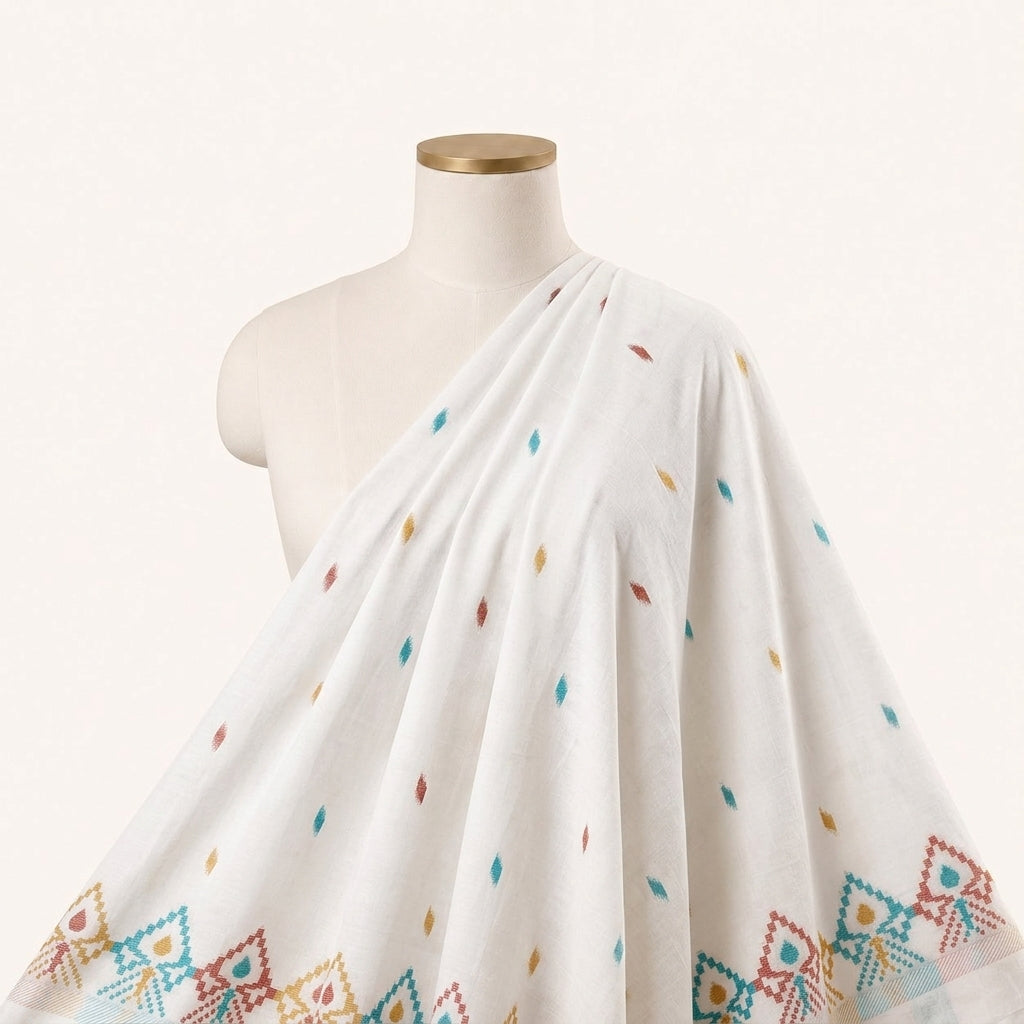 White Ikat Cotton Fabric Draped as a saree