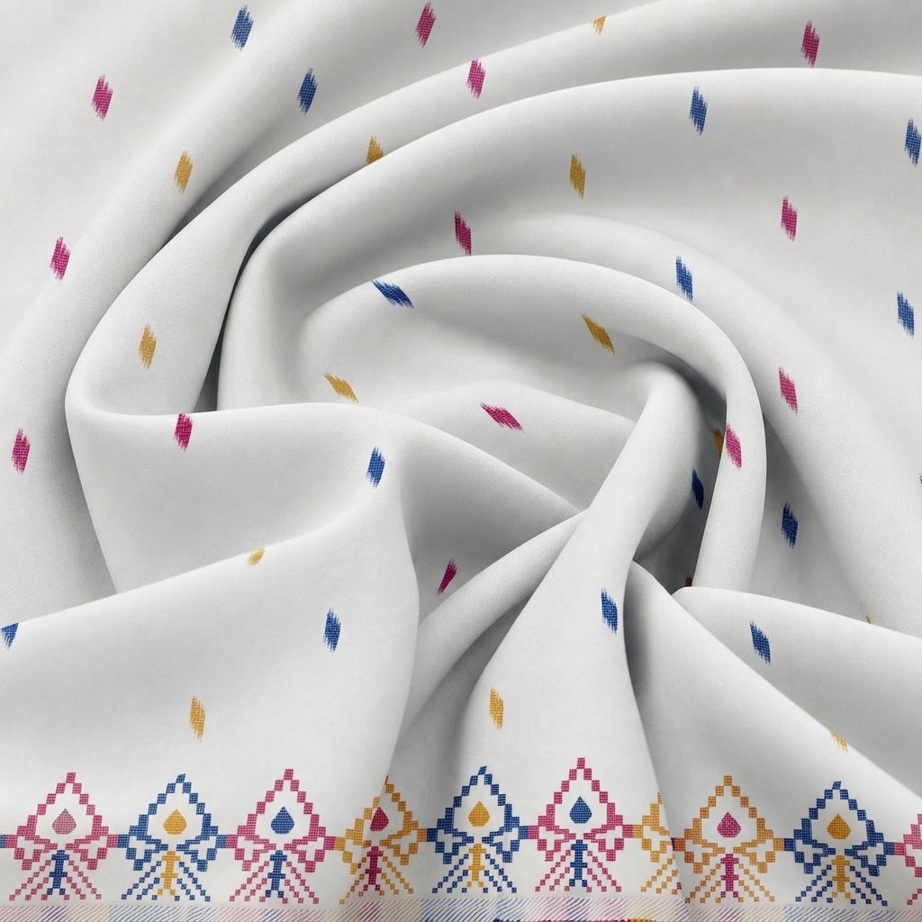 Yellow Ikat Cotton Fabric, swirled to show the drape