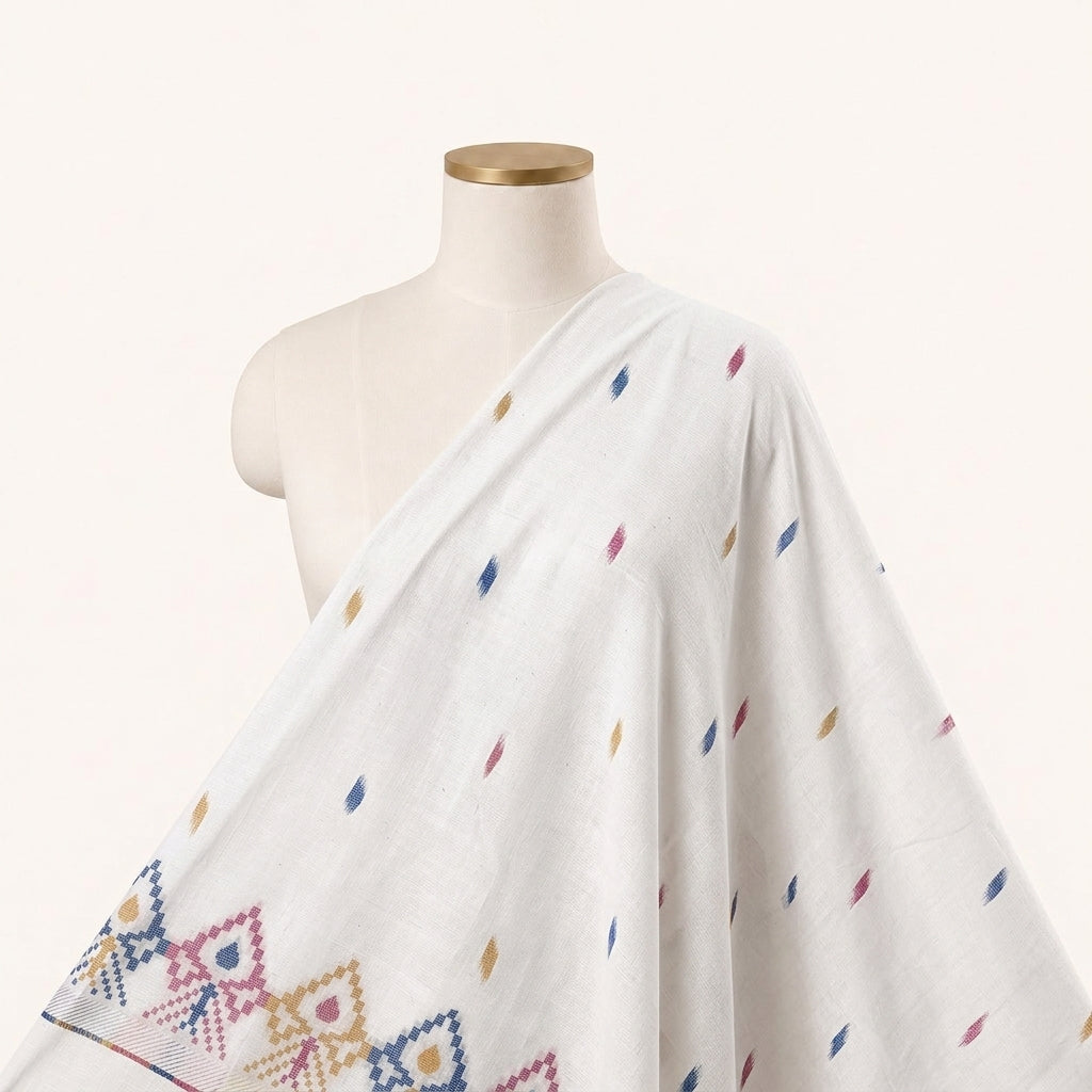 White Ikat Cotton Fabric Draped as a saree