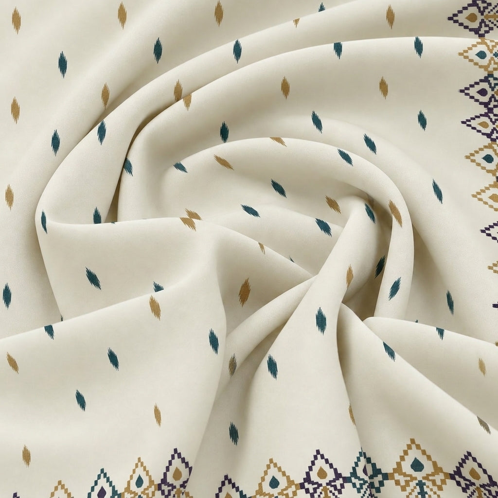 Swirled White Ikat Cotton Fabric Showing Border and Drape