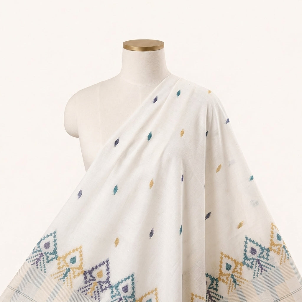 White Ikat Cotton Fabric Draped as a saree