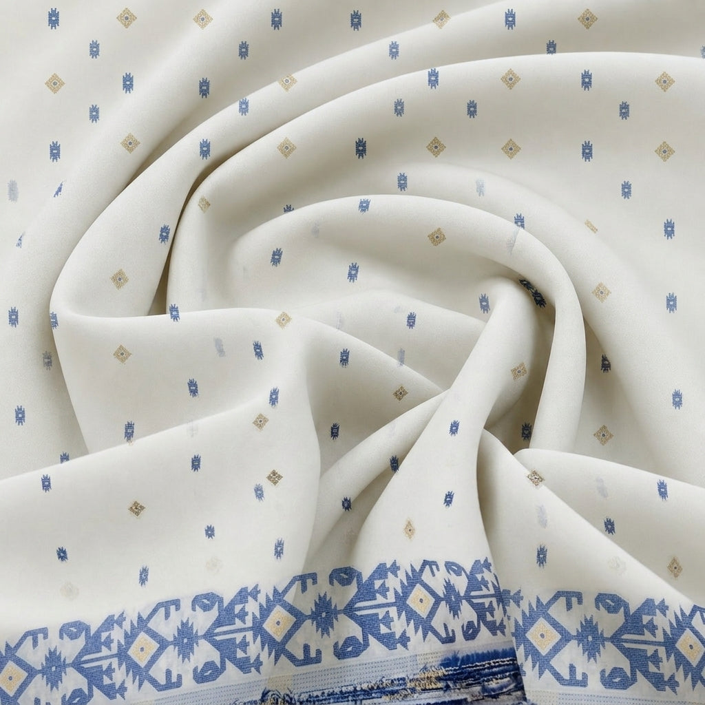 Swirled White Ikat Cotton Fabric Showing Border and Drape