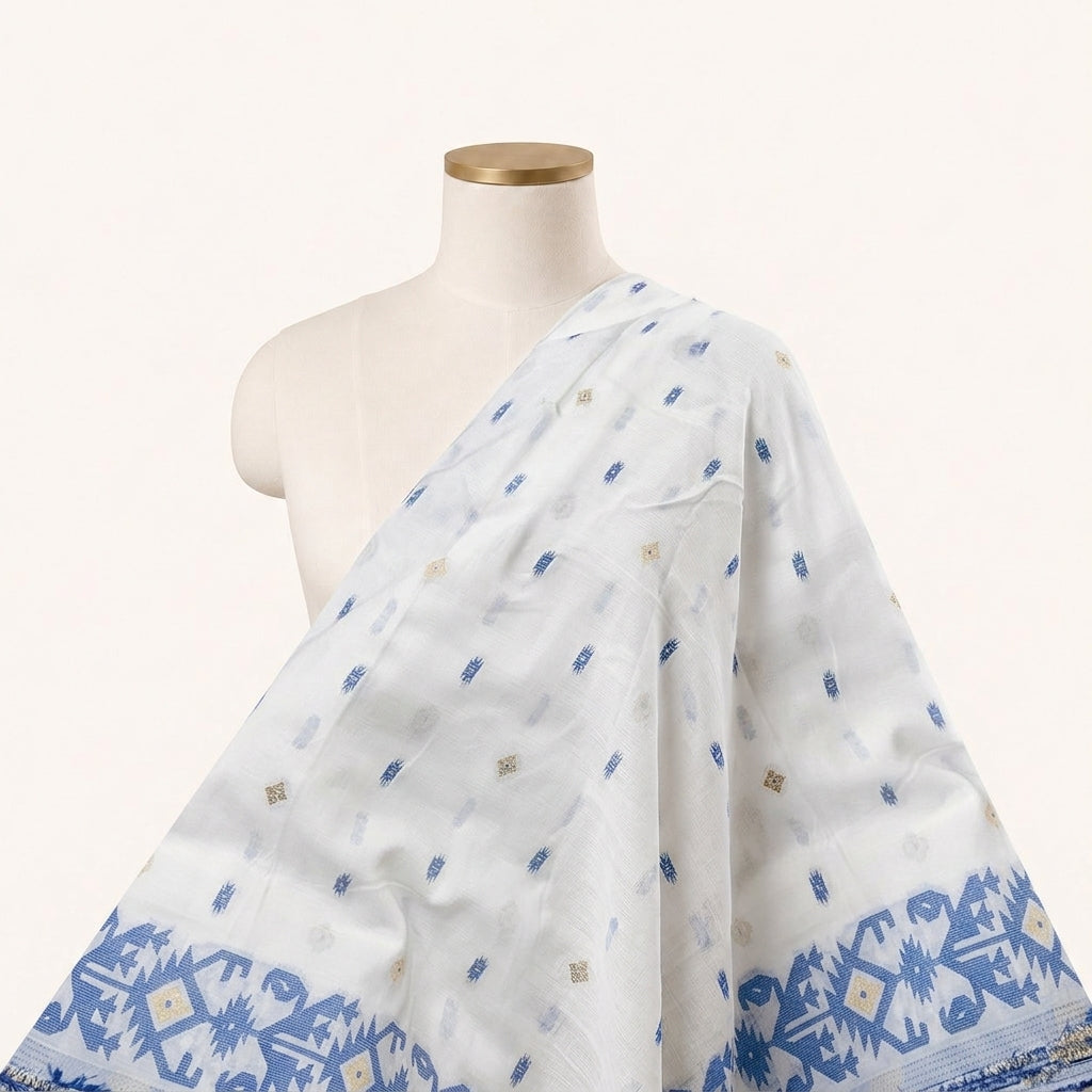 White Ikat Cotton Fabric Draped as a saree
