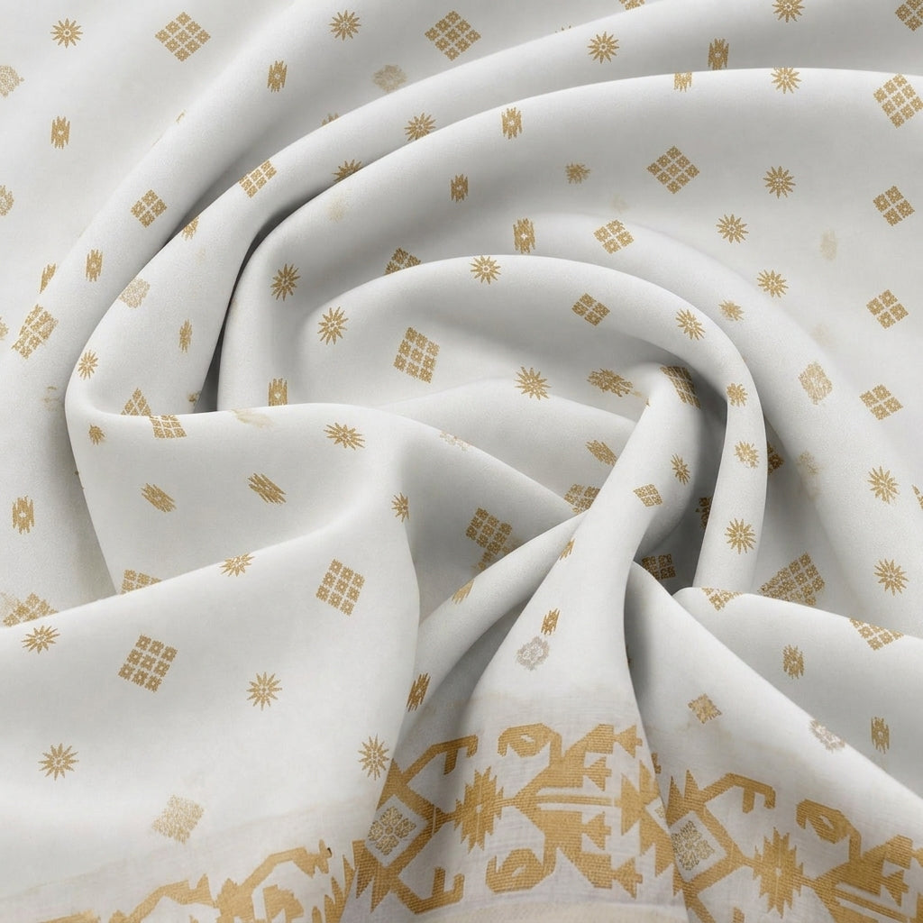 Swirled White Ikat Cotton Fabric Showing Border and Drape