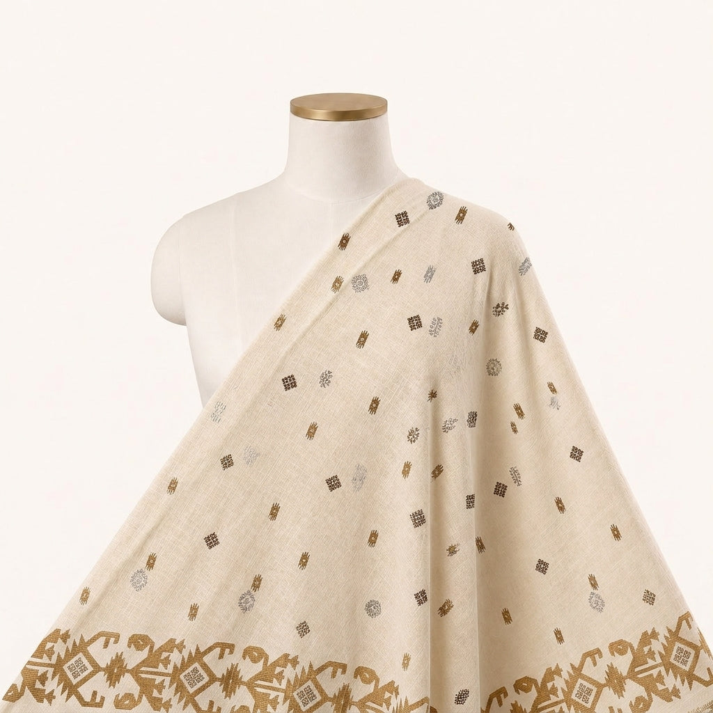 White Ikat Cotton Fabric Draped as a saree