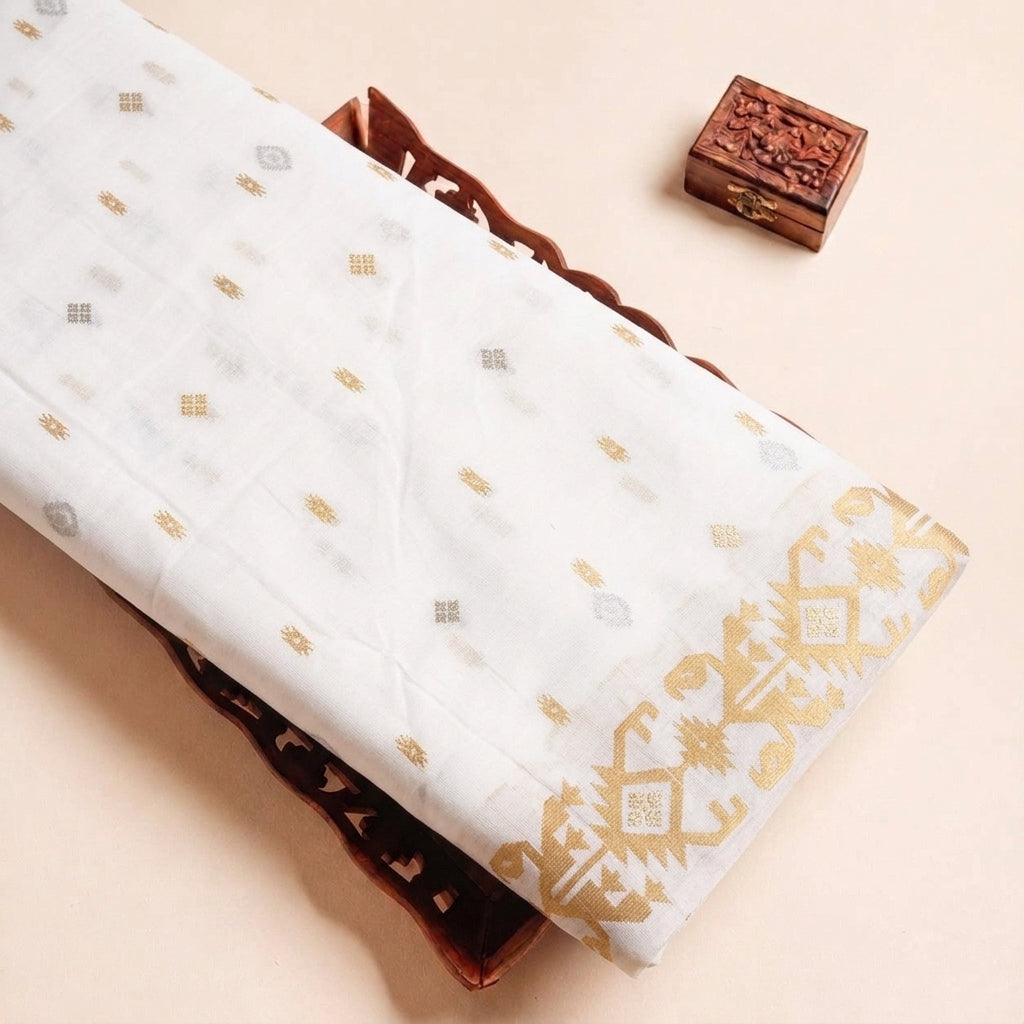 Folded White Ikat Cotton Fabric Highlighting Border and Texture