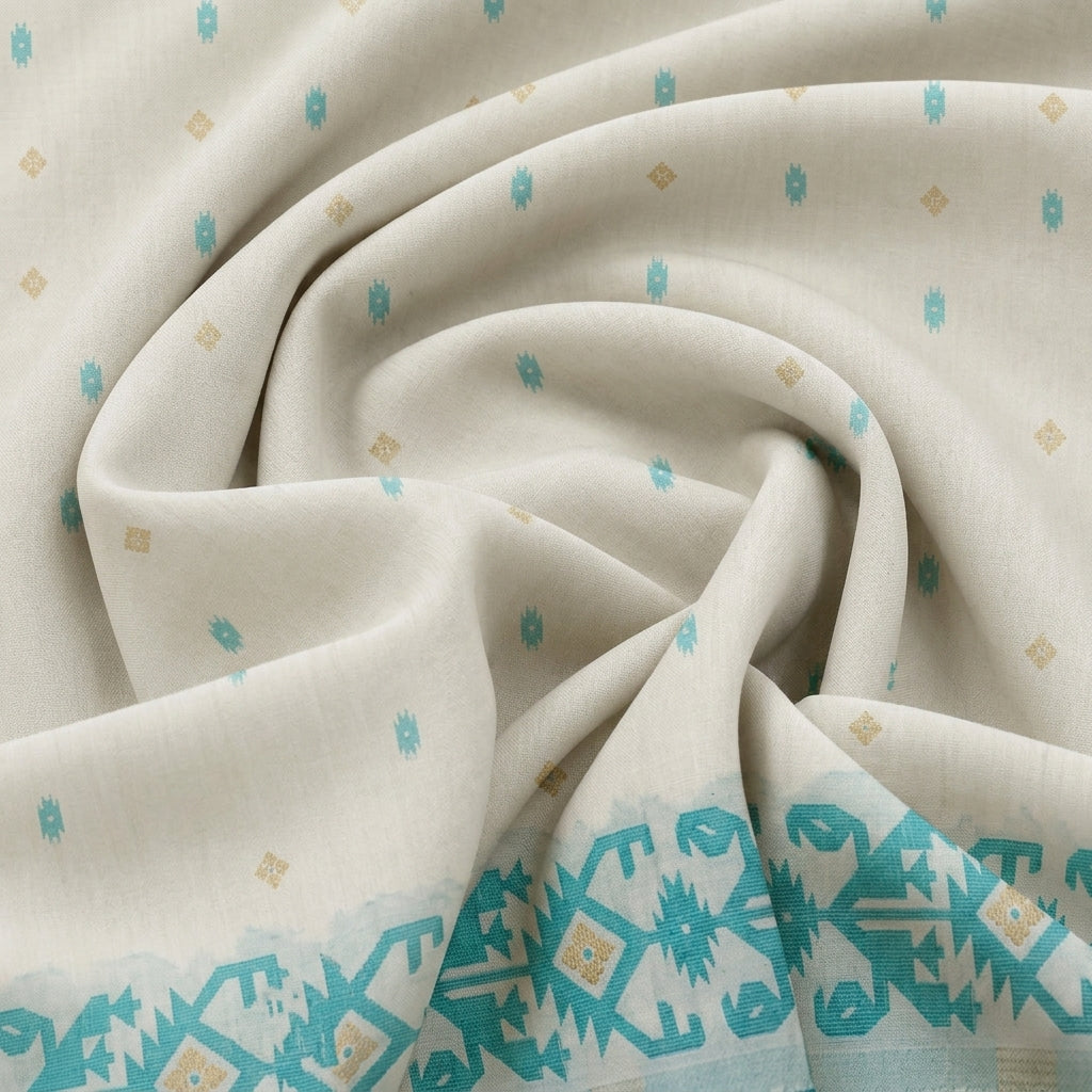Swirled White Ikat Cotton Fabric Showing Border and Drape