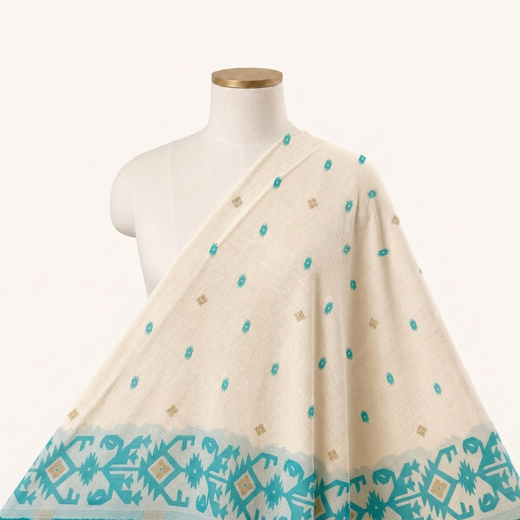 White Ikat Cotton Fabric Draped as a saree