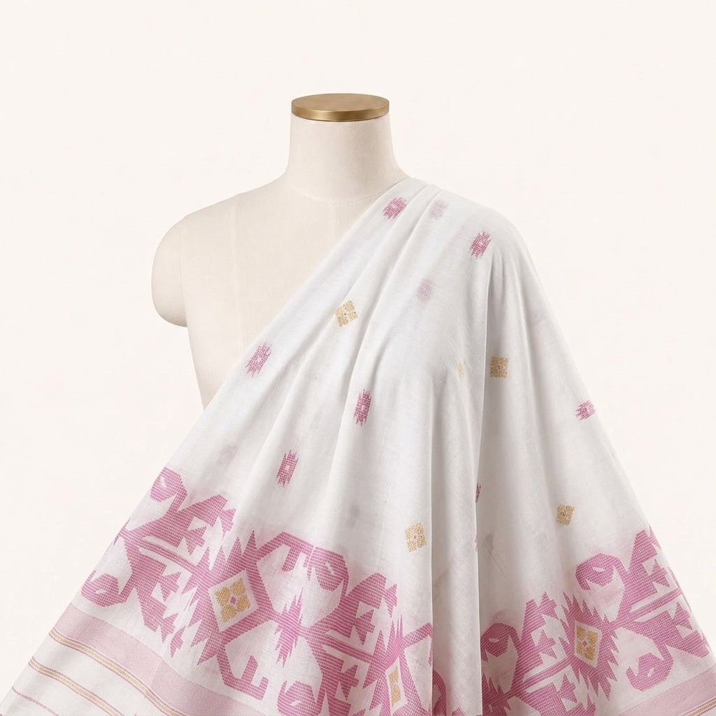White Ikat Cotton Fabric Draped as a saree