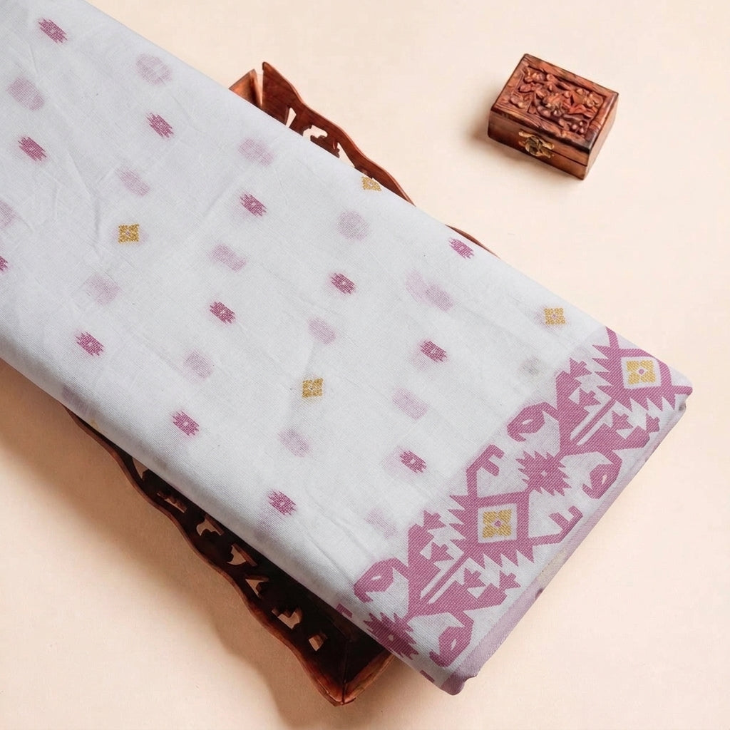 Folded White Ikat Cotton Fabric Highlighting Border and Texture