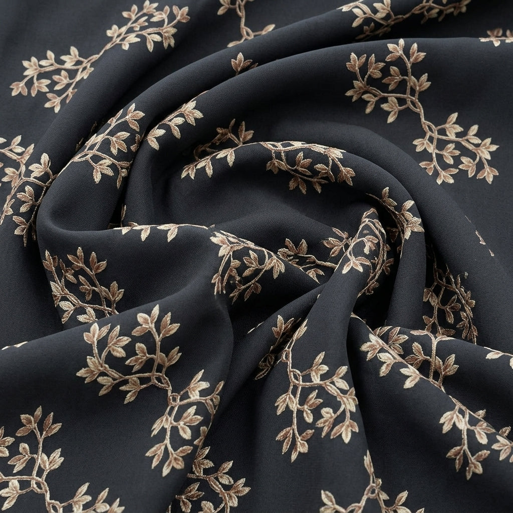 Swirled Black Floral Rayon Fabric Showing Drape