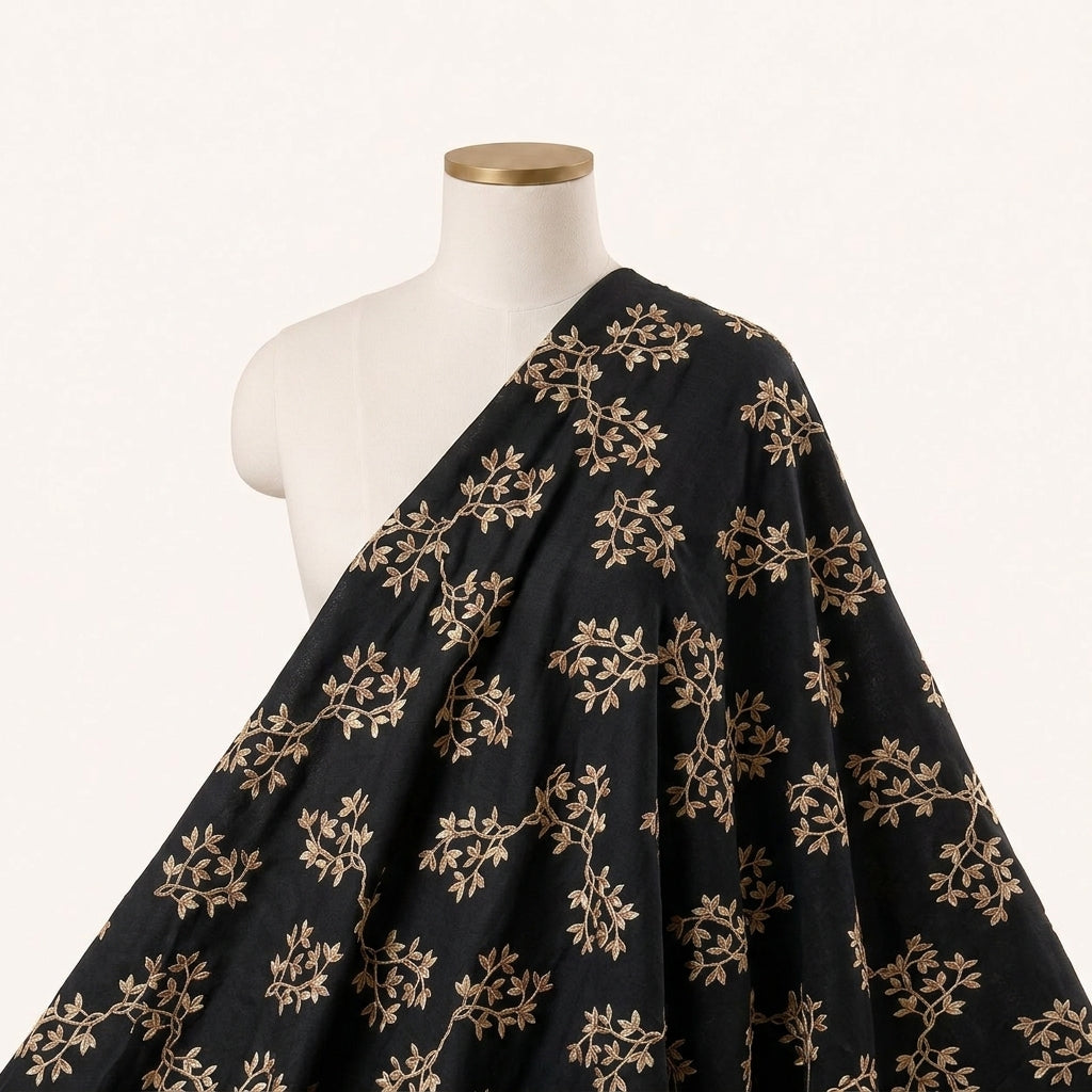 Black Floral Rayon Fabric Draped as a saree