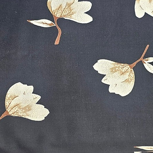 Black Floral Rayon Fabric, laid flat