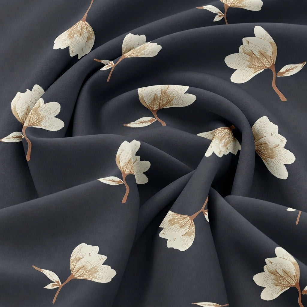 Swirled Black Floral Rayon Fabric Showing Drape