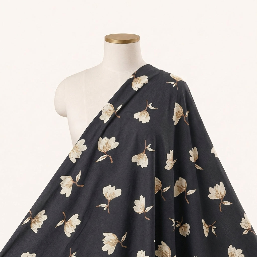 Black Floral Rayon Fabric Draped as a saree