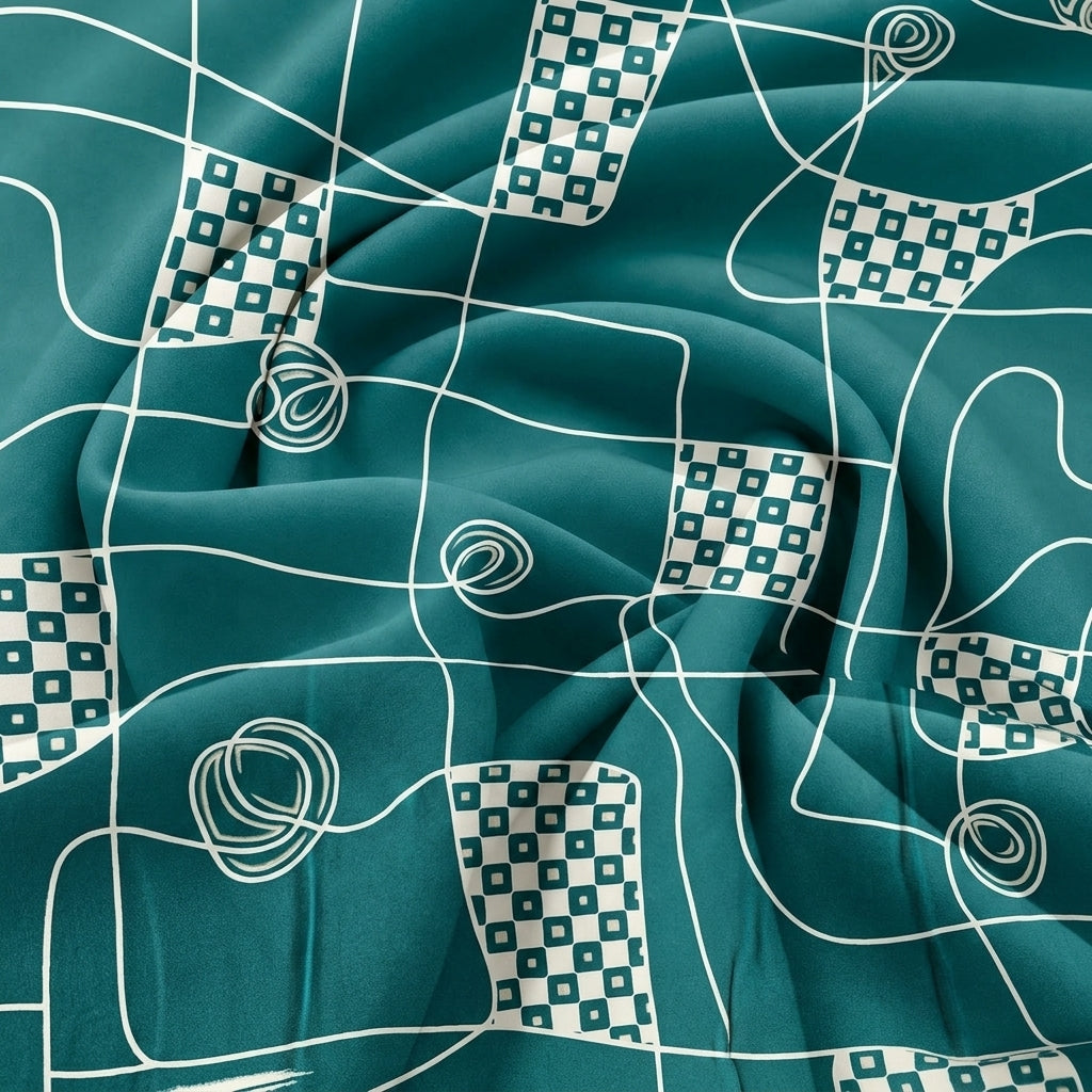Swirled Green Abstract Rayon Fabric Showing Drape