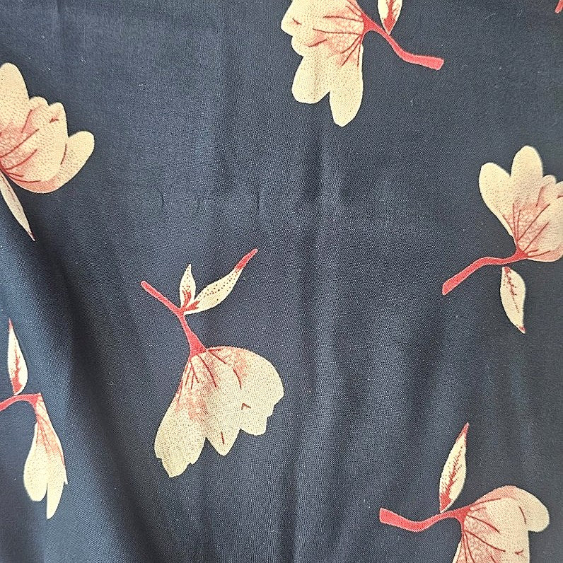 Blue Floral Rayon Fabric, laid flat