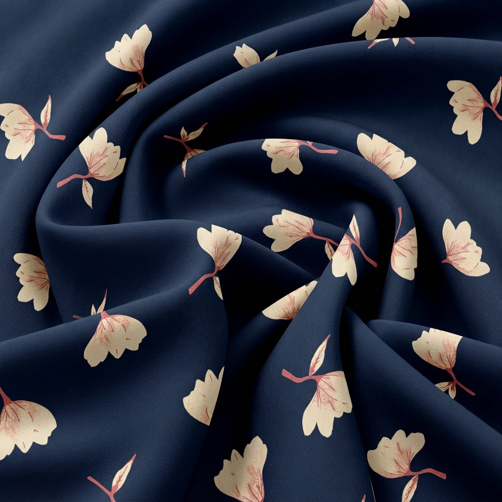 Swirled Blue Floral Rayon Fabric Showing Drape