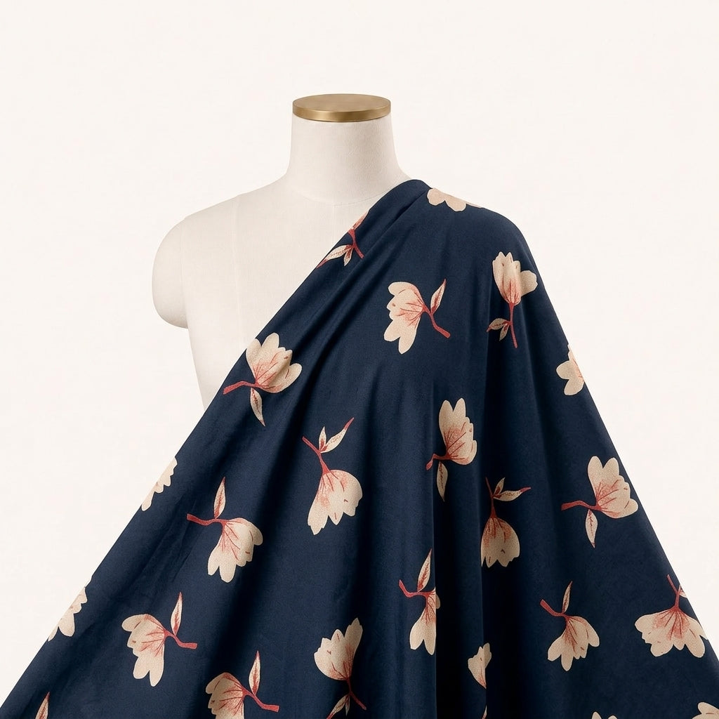 Blue Floral Rayon Fabric Draped as a saree