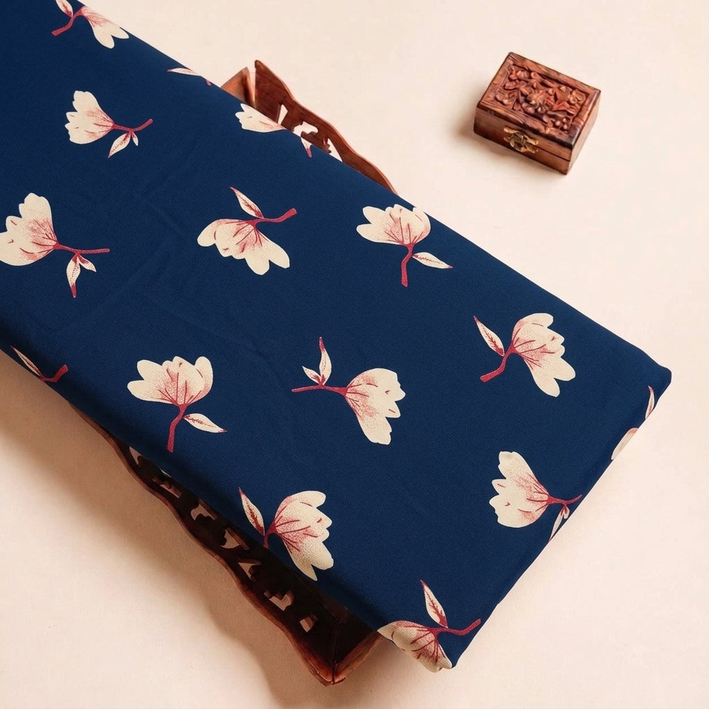 Folded Blue Floral Rayon Fabric Highlighting Texture