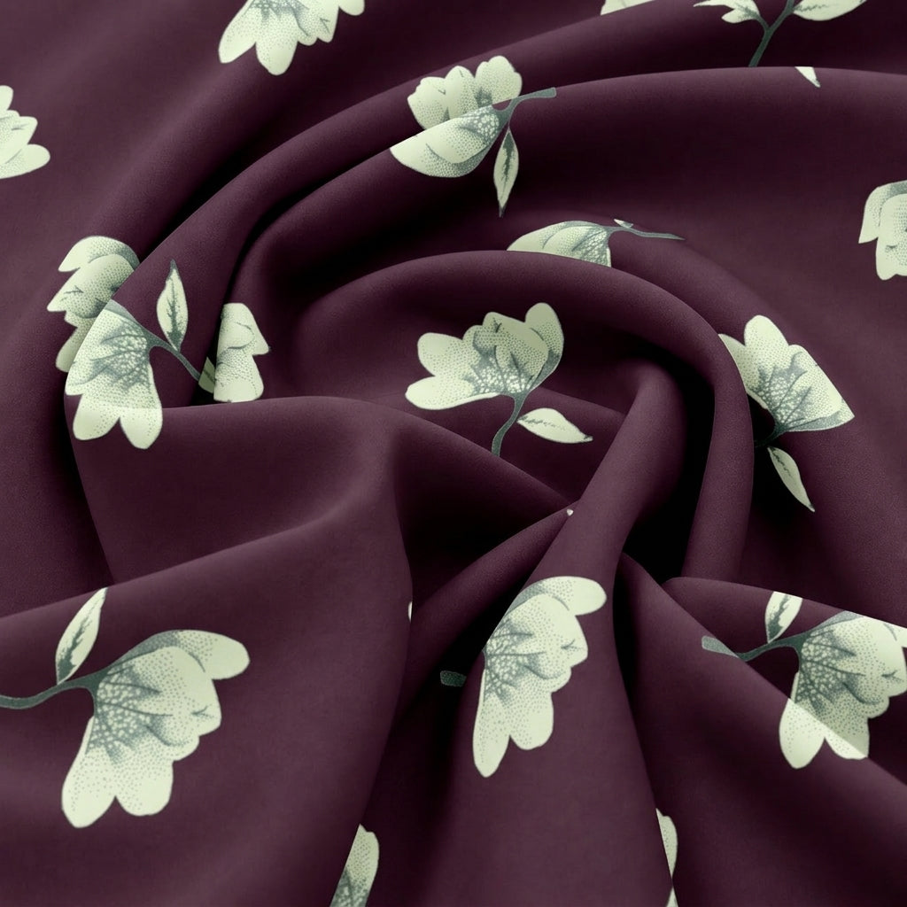 Swirled Wine Floral Rayon Fabric Showing Drape