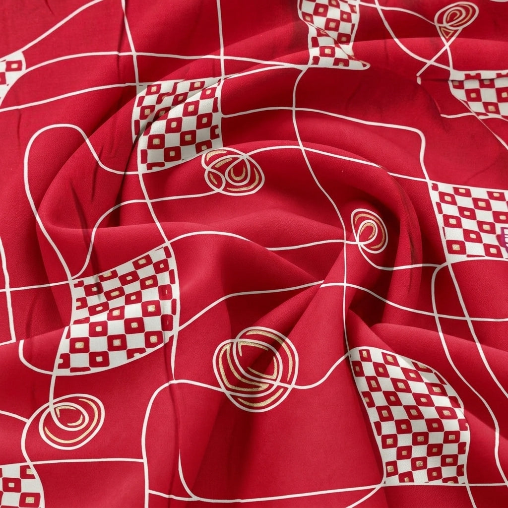 Swirled Red Abstract Rayon Fabric Showing Drape