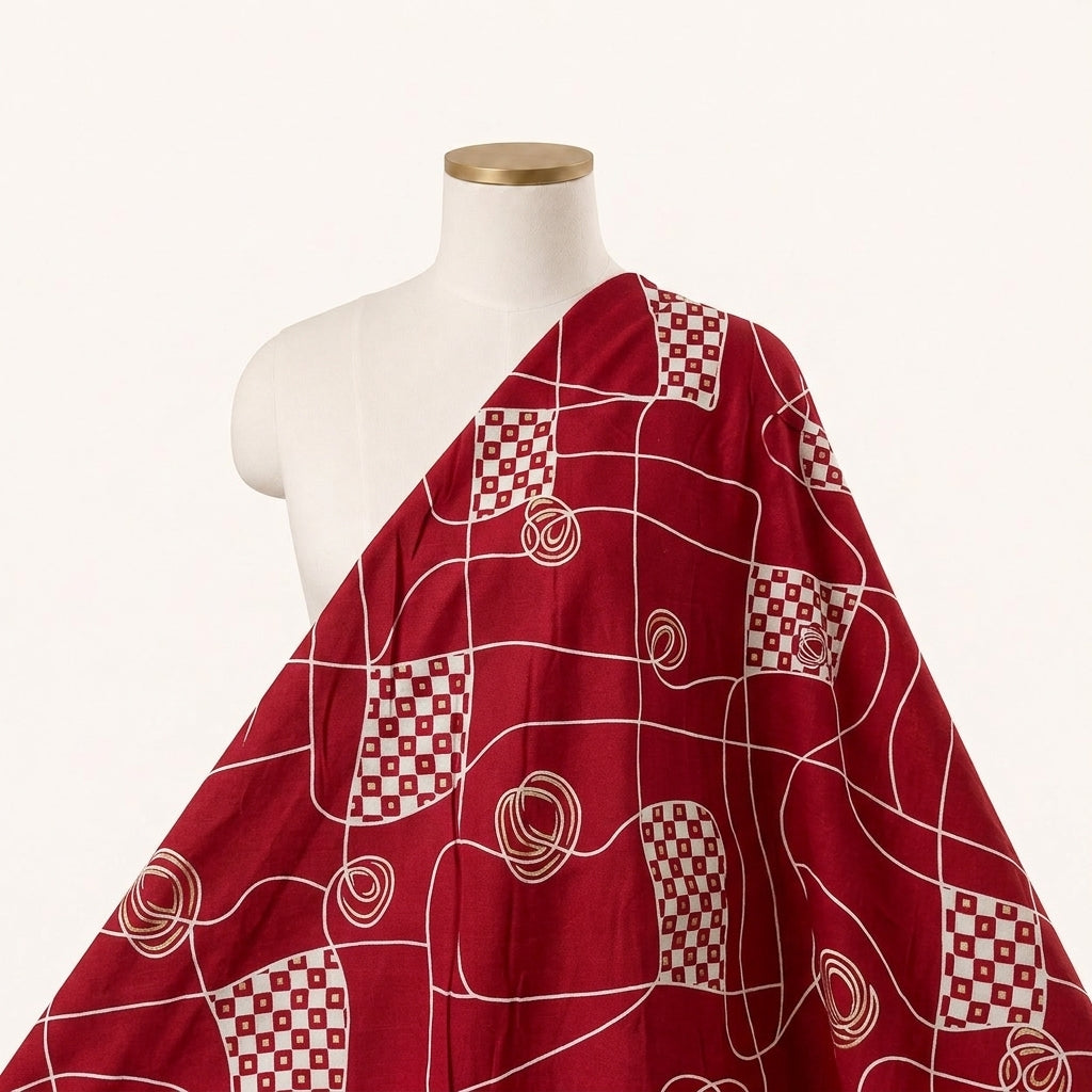 Red Abstract Rayon Fabric Draped as a saree
