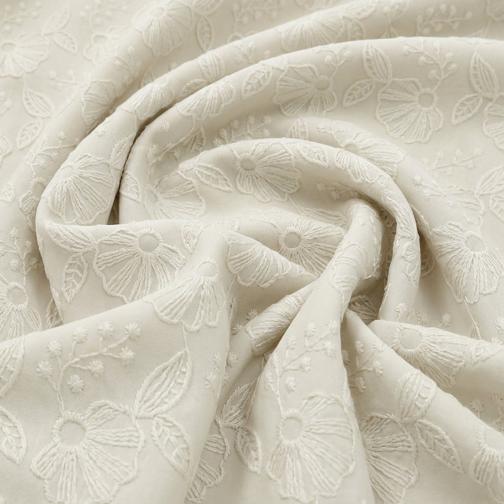 Swirled Cream Embroidery Cotton Fabric Showing Thread Work Border Floral and Drape