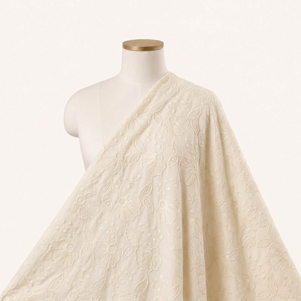 Cream Embroidery Cotton Fabric Draped as a saree