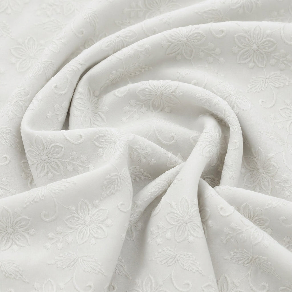 Swirled Cream Embroidery Cotton Fabric Showing Thread Work Border Floral and Drape